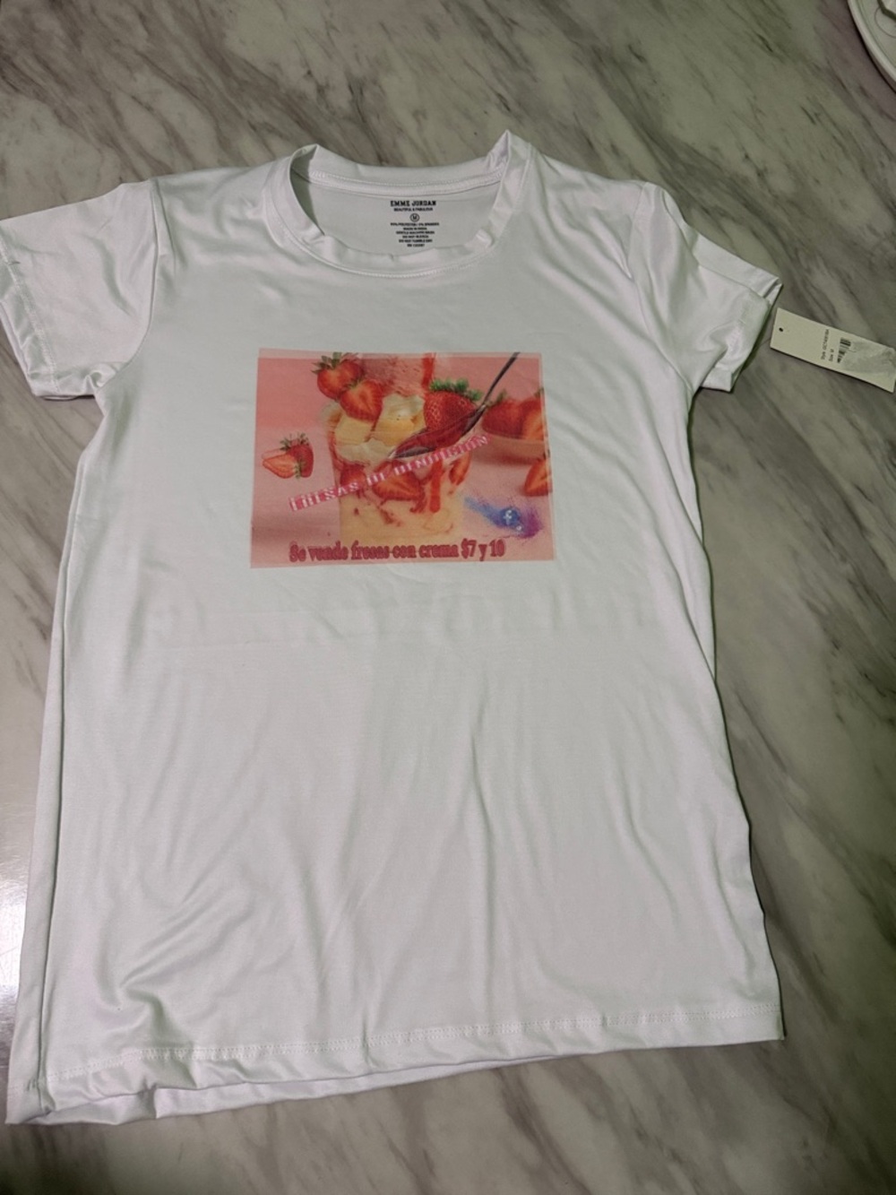 White Graphic T-Shirt with Pink Strawberry Print